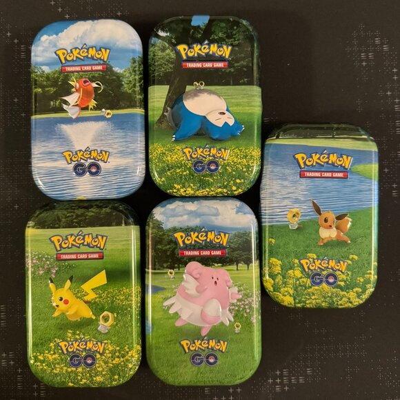 5 empty Pokemon Go Mini Tins Eevee Pikachu Snorlax - Picture 1 of 3